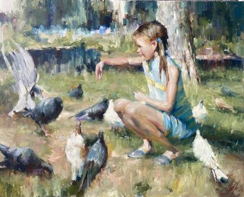 Кормление голубей (2026, х.м., 59x75, арт. 41к127) - 70 000 ₽