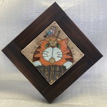 Панно декоративное "Кот с птичкой" (2025, шамот, 43x43, арт. 34п47) - 6 000 ₽