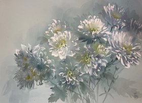 белые хризантемы (год не указан, бум.,темпера,пастель, 33x49, арт. 12К.16) - 6 800 ₽