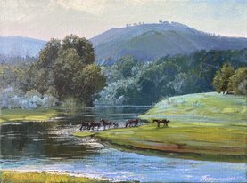 Лошади у реки (2023, х.м., 30x40, арт. 58К.011) - 30 000 ₽