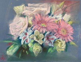 Розовый букет (год не указан, бум.,темпера,пастель, 23x30, арт. 12К.49) - 3 000 ₽