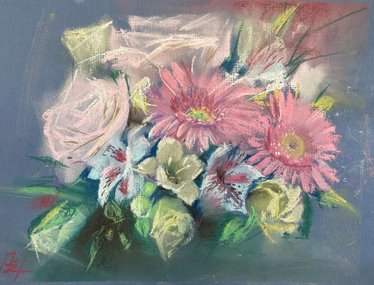 Розовый букет (год не указан, бум.,темпера,пастель, 23x30, арт. 12К.49) - 3 000 ₽