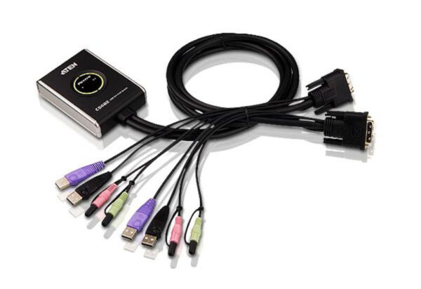 aten cs682-at переключатель, электрон., kvm+audio, 1 user usb+dvi-d, 2 cpu usb+dvi-d, со встр.шнурами usb+audio 2x1.2м., 1920x1200, настол., исп.стандарт.шнуры, без osd, некаскад., (1920x1200, hdcp, dynasync (edid), поддержка ос windows/linux/mac/sun