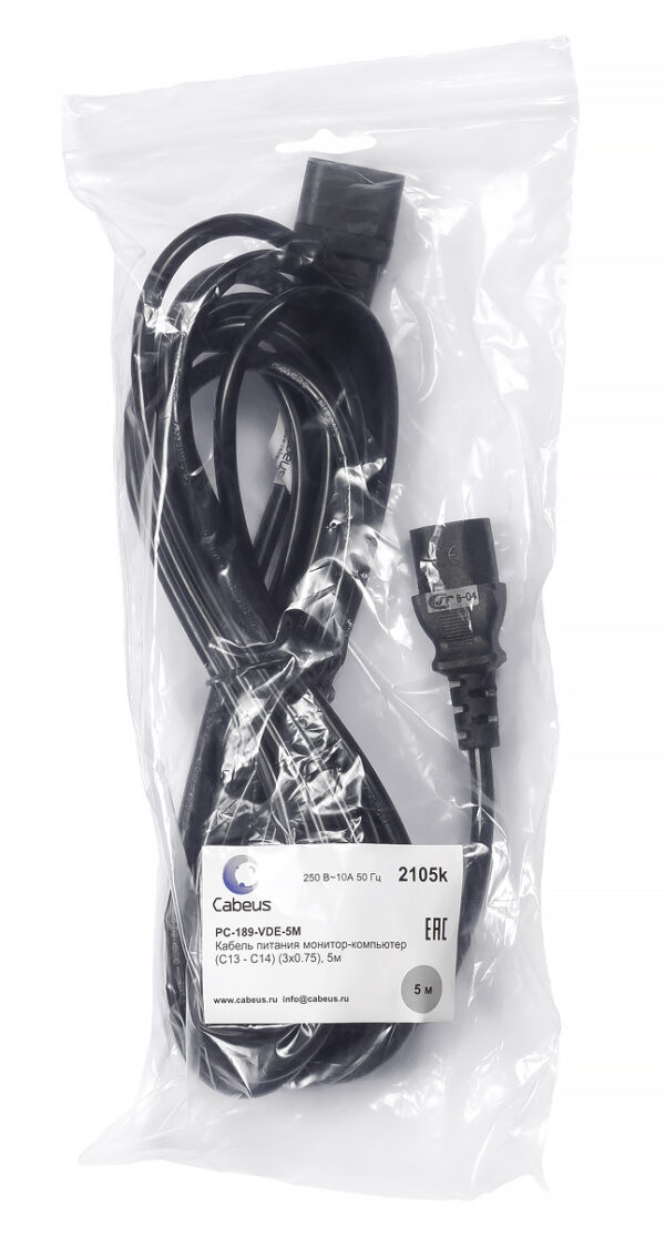 кабель питания монитор-компьютер cabeus pc-189-vde-5m 5 метров