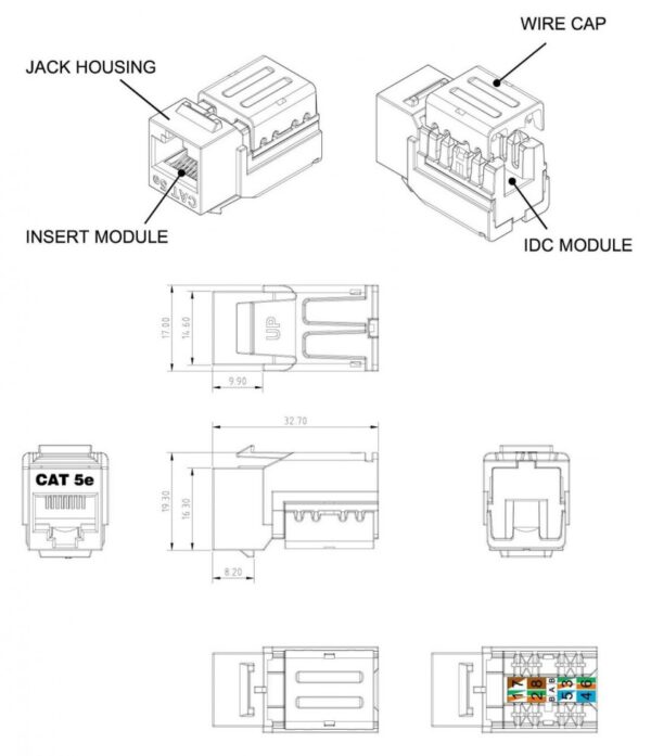 hyperline kjne-8p8c-c5e-90-gy вставка keystone jack rj-45(8p8c), категория 5e, 110 idc, заделка с помощью ne-tool, серая