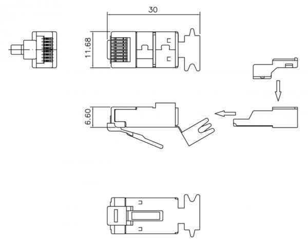 hyperline plug-8p8c-uv-c6a-sh-50 разъем rj-45(8p8c) под витую пару, 10gb категория 6a (50 µ"/ 50 микродюймов), экранированный, универсальный (для одножильного и многожильного кабеля), со вставкой (50 шт)