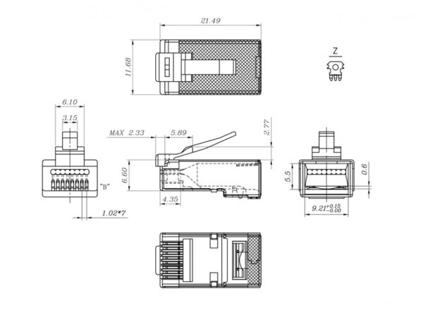 hyperline plez-8p8c-u-c6-sh-100 разъем легкой оконцовки rj-45 (8p8c) под витую пару, категория 6 (50 µ"/ 50 микродюймов), экранированный, универсальный (для одножильного и многожильного кабеля) (100 шт.)