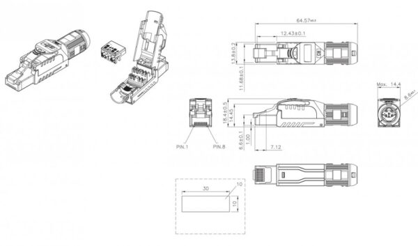 hyperline plue-8p8c-s-c8-sh-bl разъем полевой оконцовки rj-45 (8p8c) под витую пару, для одножильного кабеля, toolless, категория 8, экранированный, накручивающийся хвостовик, синий, idc