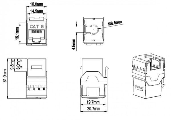 hyperline kj8-8p8c-c6-180-bk вставка keystone jack rj-45(8p8c), категория 6, тип 180 градусов, черная