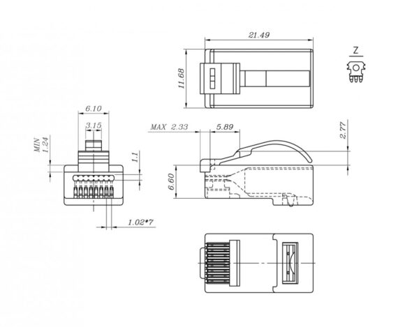 hyperline plez-8p8c-ua-c6-100 разъем легкой оконцовки rj-45 (8p8c) под витую пару, язычек arch, категория 6 (50 µ"/ 50 микродюймов), универсальный (для одножильного и многожильного кабеля) (100 шт.)