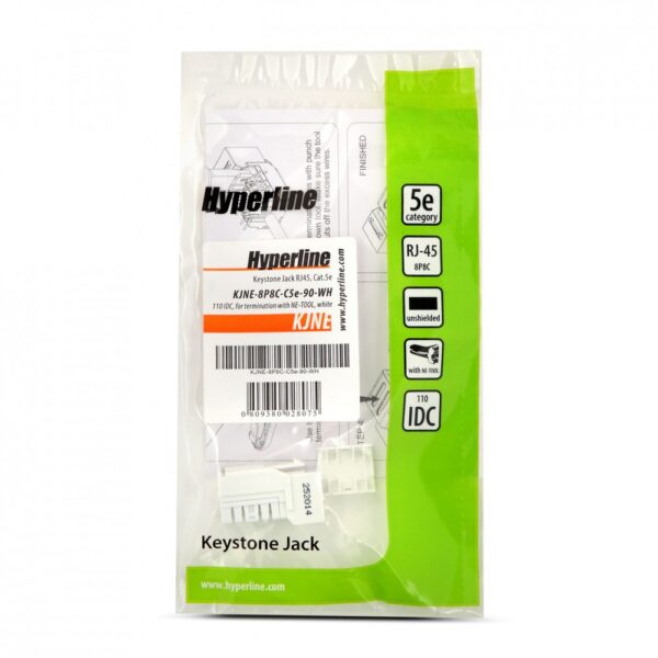 hyperline kjne-8p8c-c5e-90-wh вставка keystone jack rj-45(8p8c), категория 5e, 110 idc, заделка с помощью ne-tool, белая