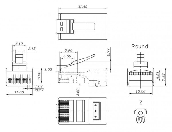 hyperline plug-10p10c-u-06-10 разъем rj-50(10p10c), универсальный (для одножильного и многожильного кабеля), для круглого кабеля, напыление 6µ"/ 6 микродюймов (10 шт)