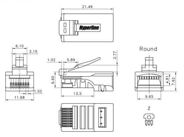 hyperline plug-8p8c-u-c3-100 разъем rj-45(8p8c) под витую пару, категория 3 (6 µ"/ 6 микродюймов), универсальный (для одножильного и многожильного кабеля) (100 шт)