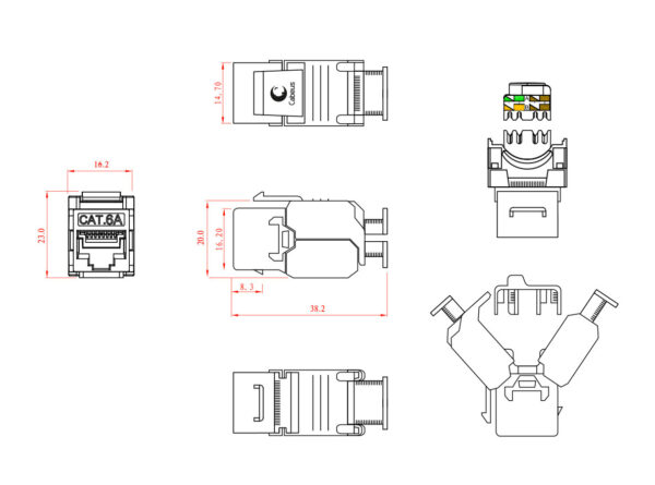 cabeus kj-rj45-cat.6a-sh-180-toolless вставка keystone jack rj-45(8p8c), 180 градусов, категория 6a, полный экран, без инструмента toolless