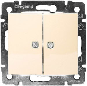 LEGRAND 774112 Переключатель на 2 направления, 2-клавишный, с подсветкой, 10АХ, 250В, слоновая кость, Valena