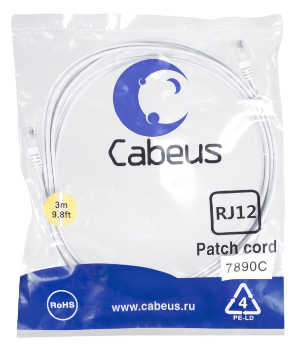 патч-корд cabeus pc-tel-rj12-3m телефонный 3 м белый