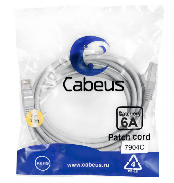 патч-корд cabeus pc-sstp-rj45-cat.6a-3m-lszh кат.6а 3 м серый