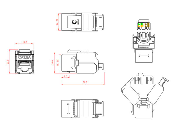 cabeus kj-rj45-cat.6a-180-toolless вставка keystone jack rj-45(8p8c), 180 градусов, категория 6a, без инструмента toolless, белая