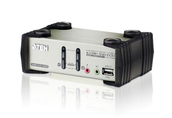 aten cs1732b-a7-g переключатель, электрон., 2-х портовый, kvm+audio+usb 2.0, 1 user ps2/usb+vga, 2 cpu ps2/usb+vga, со шнурами usb 2х1.2м., 2048x1536, настол., исп.спец.шнуры, osd, некаскад.