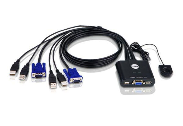 aten cs22u-a7 переключатель, электрон., kvm, 1 user usb+vga, 2 cpu usb+vga, со встр.шнурами usb 2x0.9м., 2048x1536, настол., исп.стандарт.шнуры, без osd, некаскад., (переключение между портами только выносной кнопкой!)