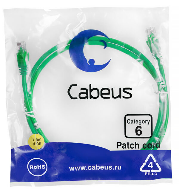 патч-корд cabeus pc-utp-rj45-cat.6-1.5m-gn кат.6 1.5 м зеленый