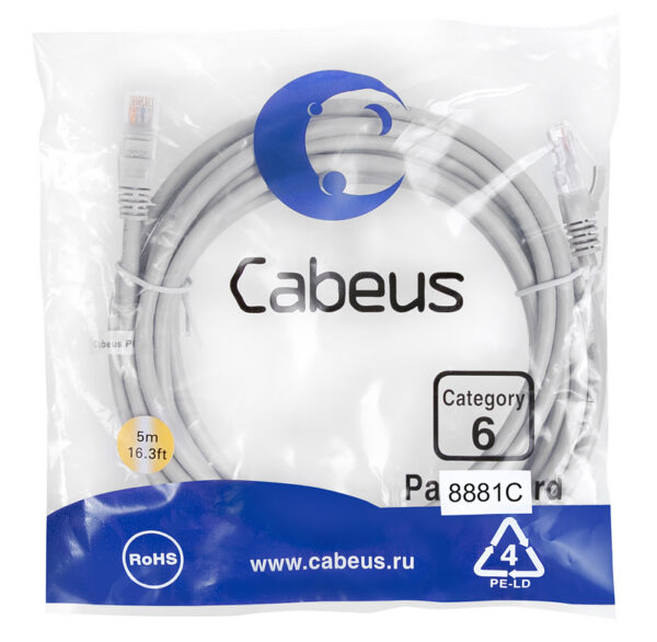 патч-корд cabeus pc-utp-rj45-cat.6-5m-lszh кат.6 5 м серый