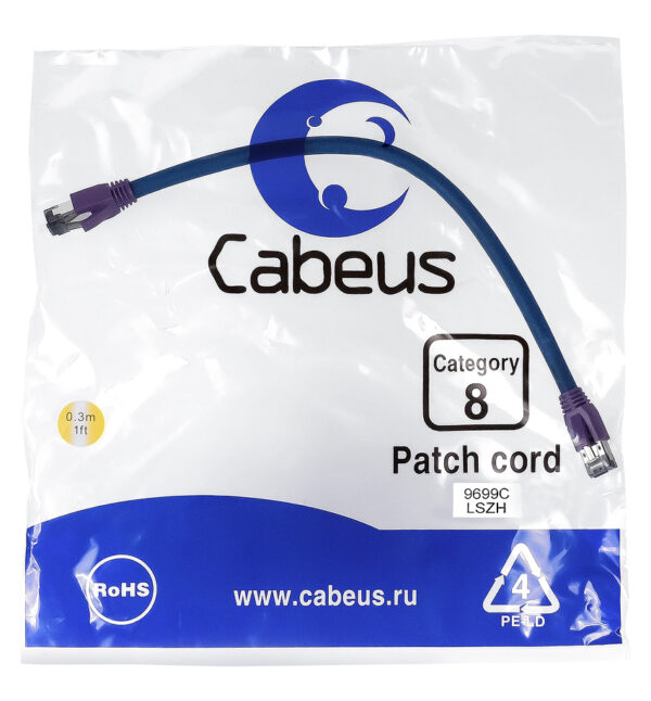 патч-корд cabeus pc-sstp-rj45-cat.8-0.3m-lszh кат.8 0.3 м серый