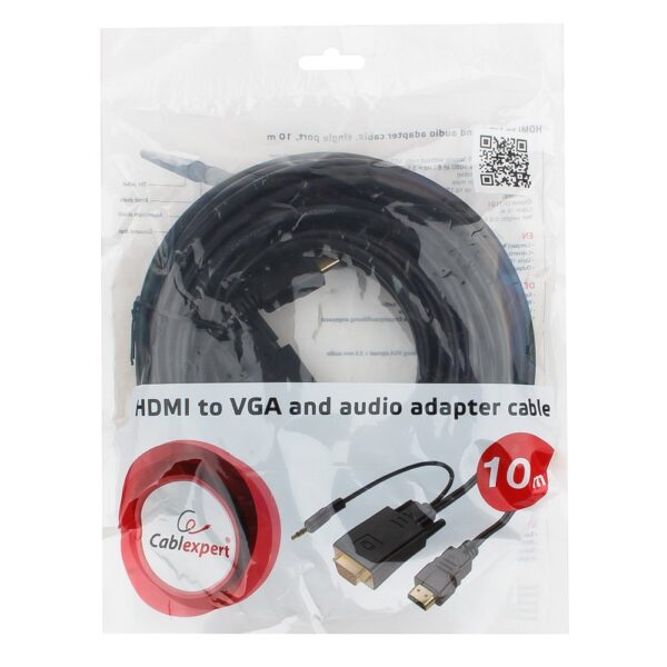 кабель hdmi-vga cablexpert a-hdmi-vga-03-10m, 19m/15m + 3.5jack, 10м, черный, позол.разъемы, пакет