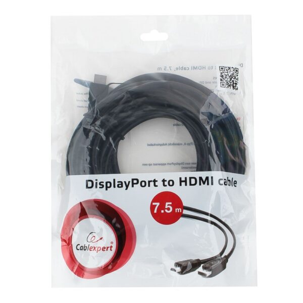 кабель displayport->hdmi cablexpert cc-dp-hdmi-7.5m, 7.5м, 20m/19m, черный, экран, пакет