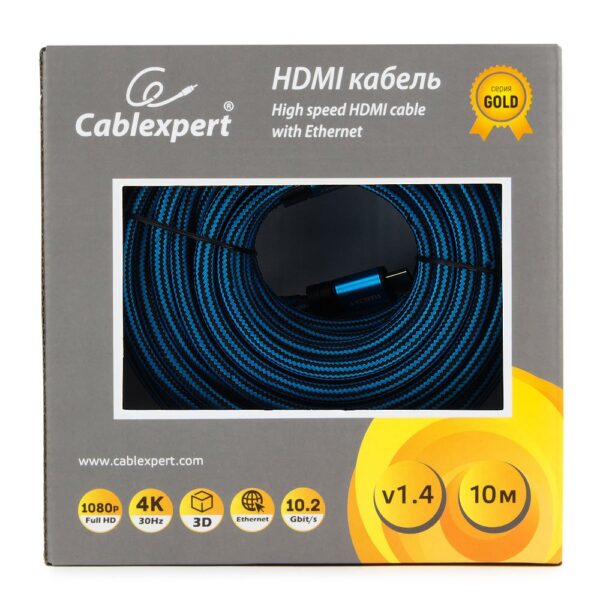 кабель hdmi cablexpert, серия gold, 10 м, v1.4, m/m, синий, позол.разъемы, алюминиевый корпус, нейлоновая оплетка, коробка