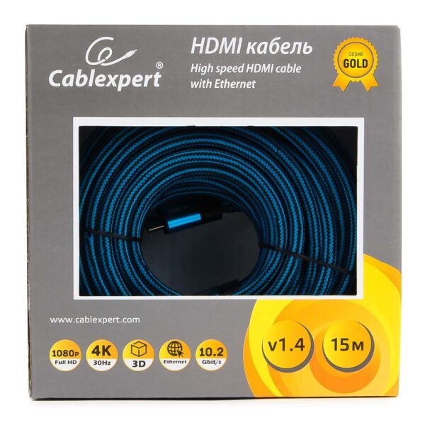 кабель hdmi cablexpert, серия gold, 15 м, v1.4, m/m, синий, позол.разъемы, алюминиевый корпус, нейлоновая оплетка, коробка