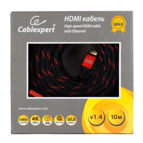 кабель hdmi cablexpert, серия gold, 10 м, v1.4, m/m, красный, позол.разъемы, алюминиевый корпус, нейлоновая оплетка, коробка