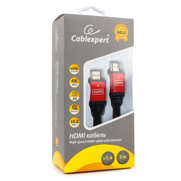 кабель hdmi cablexpert, серия gold, 3 м, v1.4, m/m, красный, позол.разъемы, алюминиевый корпус, нейлоновая оплетка, коробка