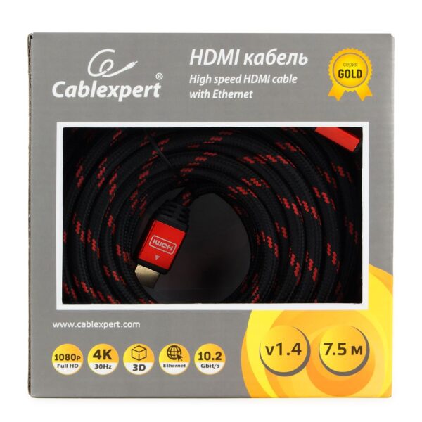 кабель hdmi cablexpert, серия gold, 7,5 м, v1.4, m/m, красный, позол.разъемы, алюминиевый корпус, нейлоновая оплетка, коробка