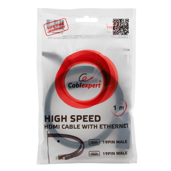 кабель hdmi cablexpert cc-hdmi4f-1m, 1м, v1.4, 19m/19m, плоский кабель, черный, позол.разъемы, экран, пакет