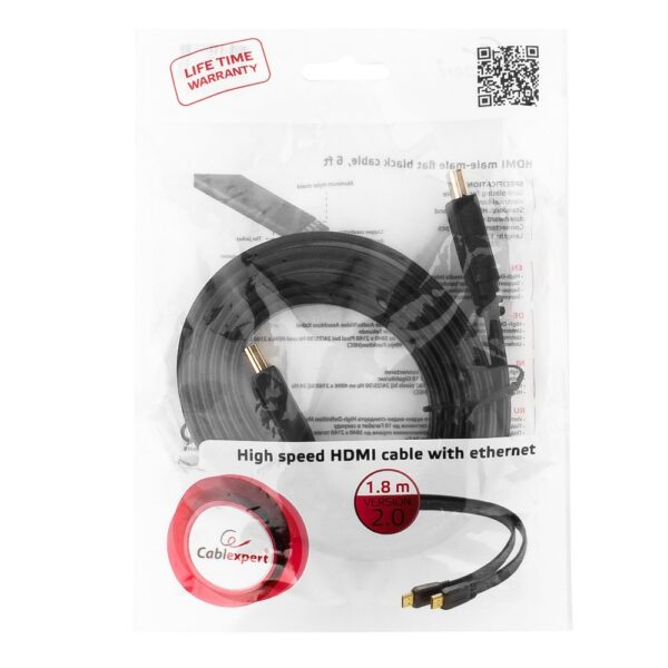 кабель hdmi cablexpert cc-hdmi4f-6, 1.8м, v1.4, 19m/19m, плоский кабель, черный, позол.разъемы, экран, пакет