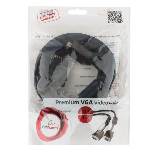 кабель vga premium cablexpert cc-ppvga-10-b, 15m/15m, 3.0м, черный, двойной экран, феррит.кольца, пакет