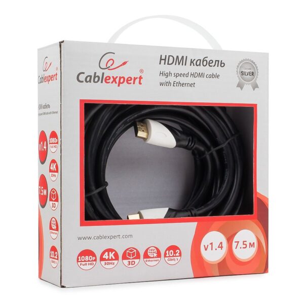 кабель hdmi cablexpert, серия silver, длина 7,5 м, v1.4, m/m, позол.разъемы, коробка
