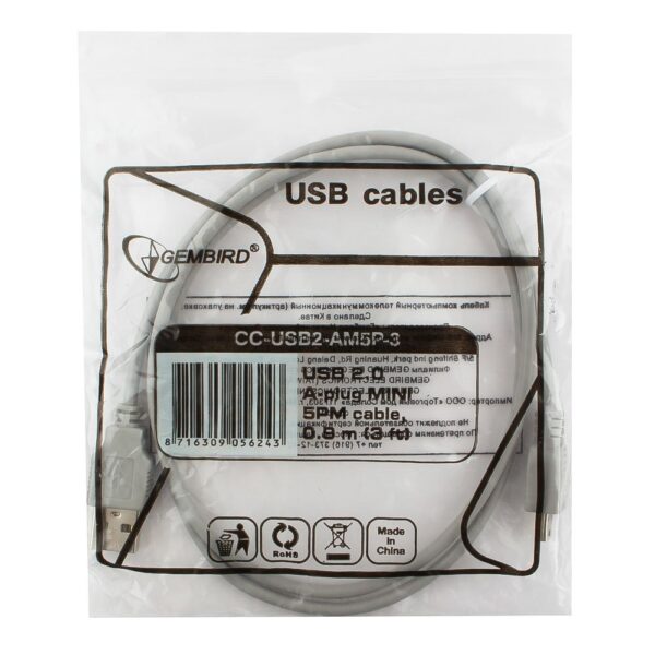кабель usb 2.0 gembird cc-usb2-am5p-3, am/minibm 5p, 90см, пакет