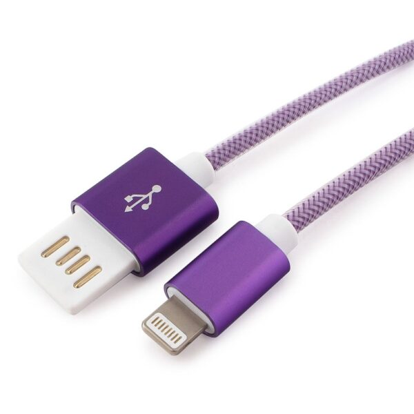 кабель usb 2.0 cablexpert ccb-apusbp1m, am/lightning 8p, 1м, мультиразъем usb a, армированная оплетка, разъемы фиолетовый металлик, блистер