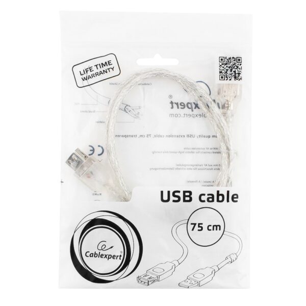 кабель удлинитель usb2.0 pro cablexpert ccf-usb2-amaf-tr-0.75m, am/af, 0,75м, экран, феррит. кольцо, прозрачный, пакет