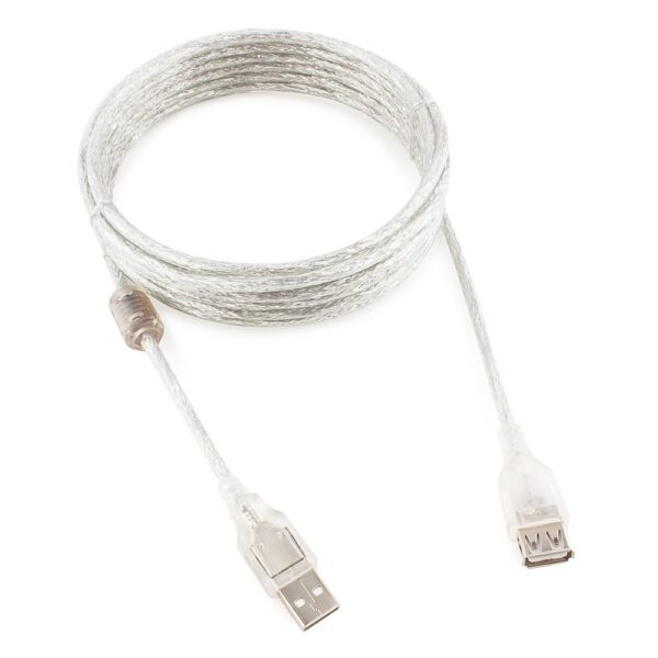 кабель удлинитель usb2.0 pro cablexpert ccf-usb2-amaf-tr-15, am/af, 4,5м, экран, феррит. кольцо, прозрачный, пакет