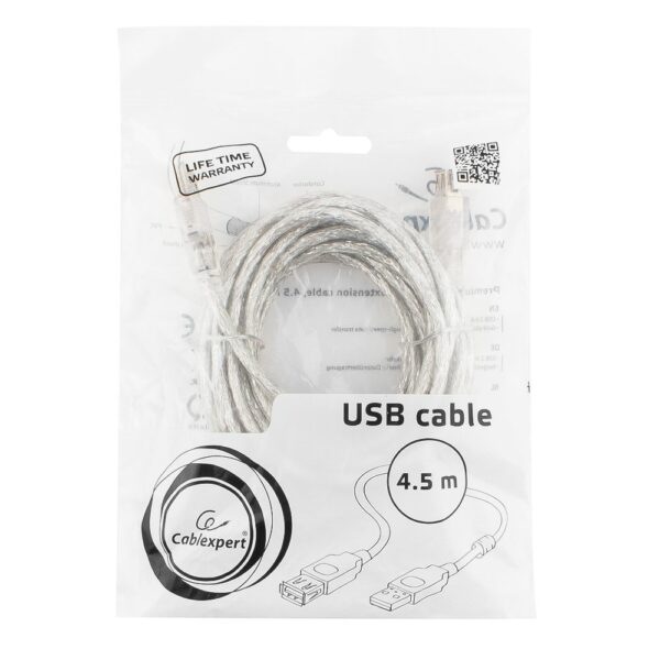 кабель удлинитель usb2.0 pro cablexpert ccf-usb2-amaf-tr-15, am/af, 4,5м, экран, феррит. кольцо, прозрачный, пакет