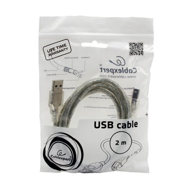 кабель usb 2.0 pro cablexpert ccf-usb2-ambm-tr-2m, am/bm, 2м, экран, феррит.кольцо, прозрачный, пакет