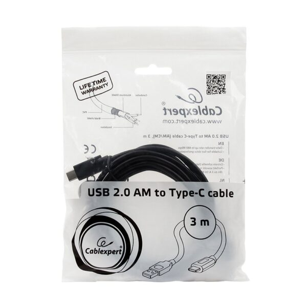 кабель usb cablexpert ccp-usb2-amcm-10, usb2.0 am/usb type-c, 3м, пакет
