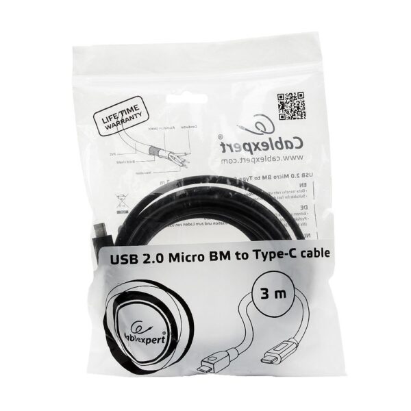 кабель usb cablexpert ccp-usb2-mbmcm-10, usb2.0 microbm/usb type-c, 3м, пакет