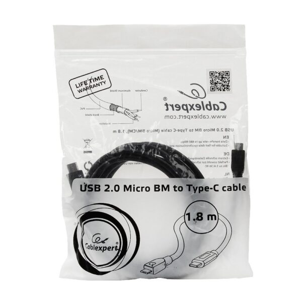 кабель usb cablexpert ccp-usb2-mbmcm-6, usb2.0 microbm/usb type-c, 1.8м, пакет