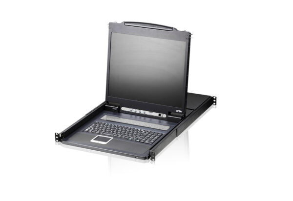 aten cl1308n-ata-rg переключатель, электрон., kvm, 1 user консоль lcd 19", 8 cpu ps2/usb+vga, с kvm-шнурами ps2 1х1.8м., usb 1x1.8м., 1280x1024, 1u 19", исп.спец.шнуры, osd, каскад 128, лат./рус.клавиатура