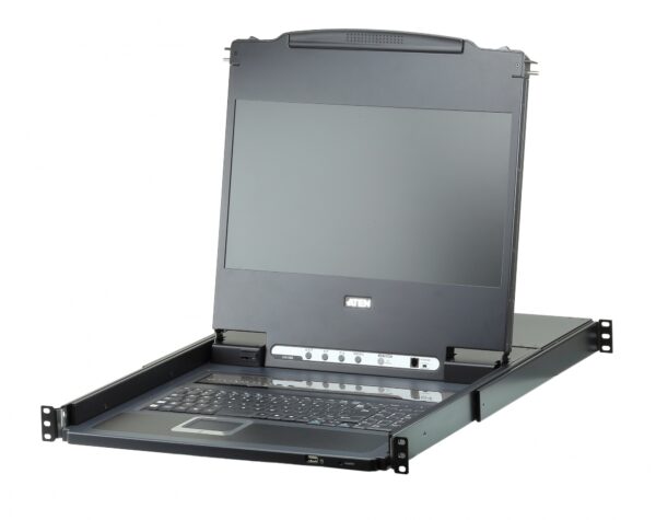 aten cl6708mw-ata-rg переключатель/switch, kvm, 1 user консоль lcd 17.3" => 8 cpu/портов/port usb+dvi+audio, с kvm-шнурами usb+dvi+audio 2x1.8м., 1920x1080, 1u 19", исп.спец.шнуры, osd, каскад 64, лат./рус.клав.