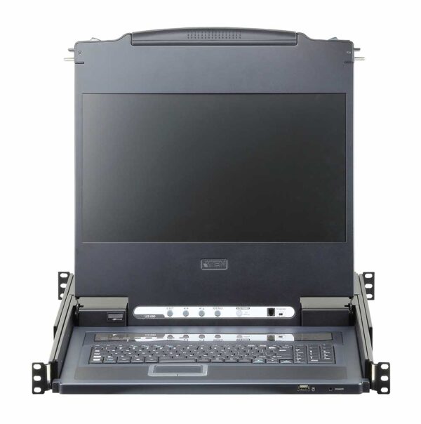 aten cl6708mw-ata-rg переключатель/switch, kvm, 1 user консоль lcd 17.3" => 8 cpu/портов/port usb+dvi+audio, с kvm-шнурами usb+dvi+audio 2x1.8м., 1920x1080, 1u 19", исп.спец.шнуры, osd, каскад 64, лат./рус.клав.